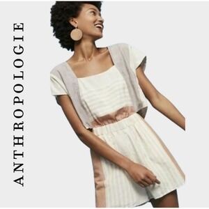Anthropologie Elevenses Romper Womens S Linen Striped Open Back Resort Wear